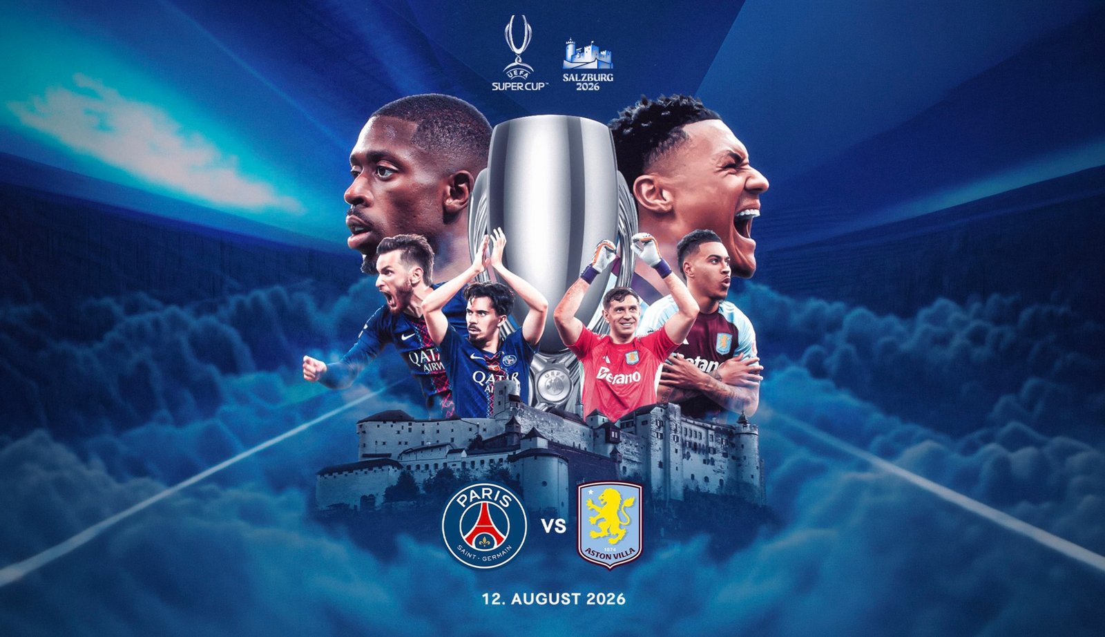 Match graphic for Paris Saint-Germain versus Aston Villa in the 2026 UEFA Super Cup